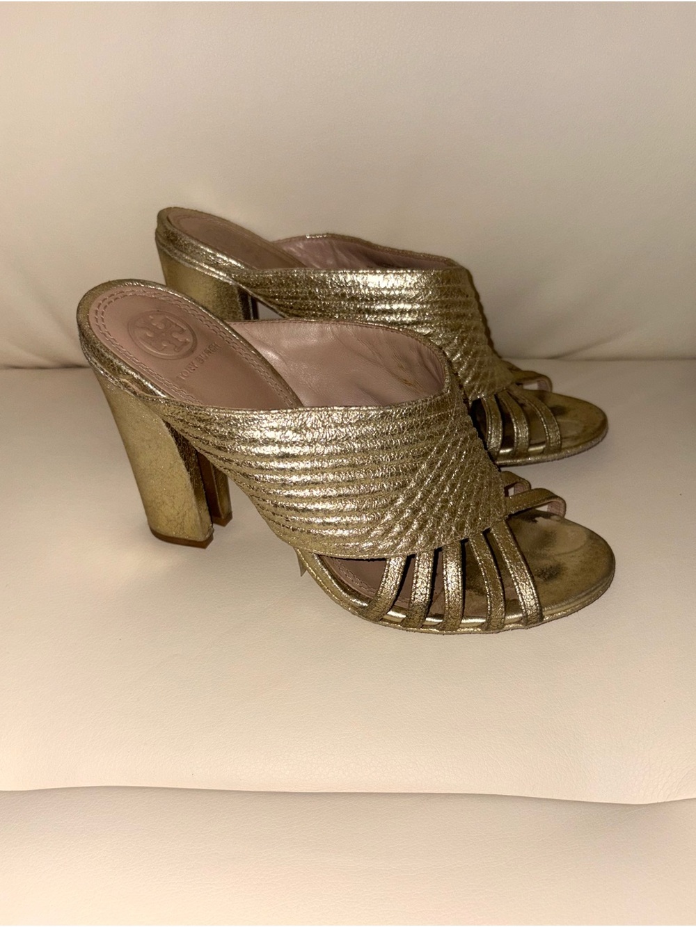 Tory Burch Metallic Gold Woven Slide Mules - Picture 4 of 6